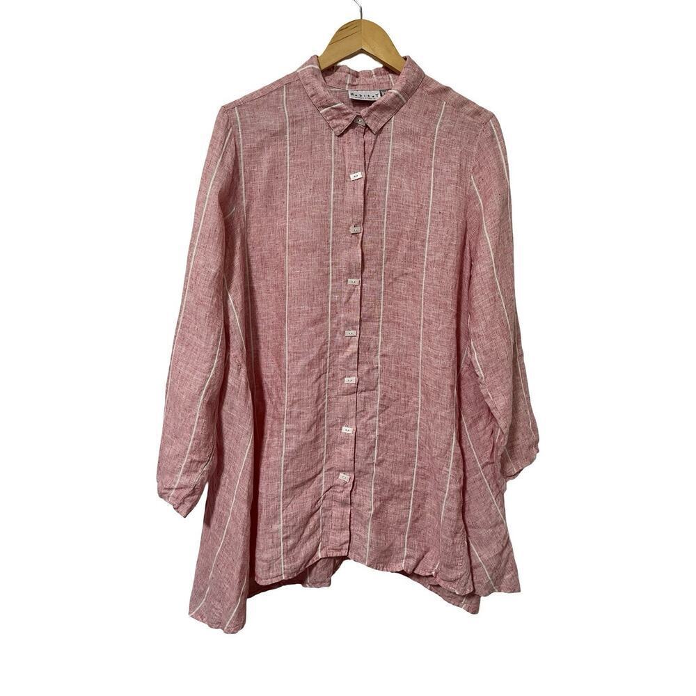 Habitat 100% Linen Button Up Stripe Tunic Top Size L Red Lagenlook Beachy
